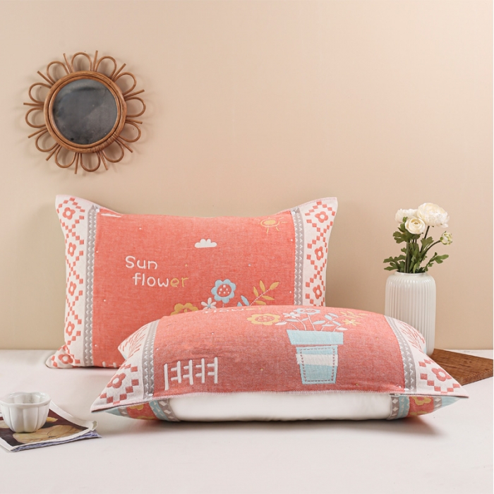 91家纺网 家纺一手货源 找家纺 朴尔纯棉纱布成人防滑半包按扣固定式盖枕头一对巾全棉 盆栽红