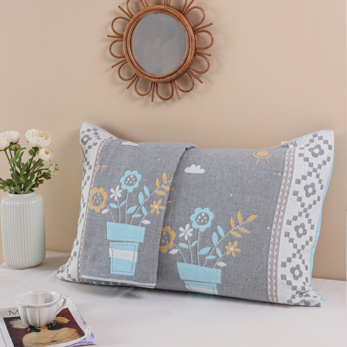 91家纺网 家纺一手货源 找家纺 朴尔纯棉纱布成人防滑半包按扣固定式盖枕头一对巾全棉 盆栽灰