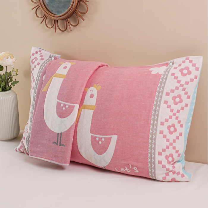 91家纺网 家纺一手货源 找家纺 朴尔纯棉纱布成人防滑半包按扣固定式盖枕头一对巾全棉 围脖萌鸡粉