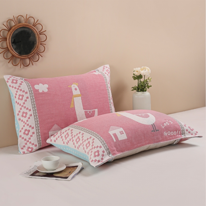 91家纺网 家纺一手货源 找家纺 朴尔纯棉纱布成人防滑半包按扣固定式盖枕头一对巾全棉 围脖萌鸡粉