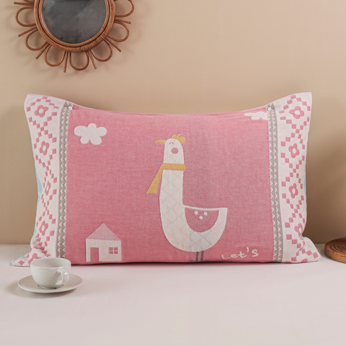 91家纺网 家纺一手货源 找家纺 朴尔纯棉纱布成人防滑半包按扣固定式盖枕头一对巾全棉 围脖萌鸡粉