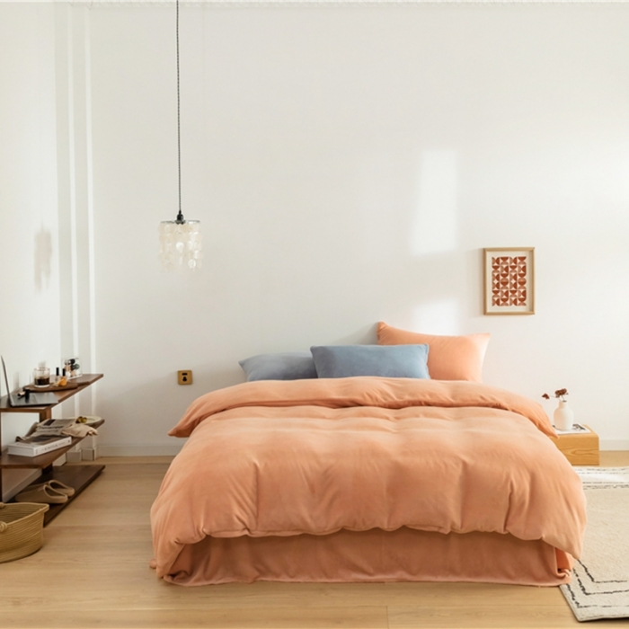 91家纺网 家纺一手货源 找家纺 棉眠 2020新款秋冬纯色牛奶绒四件套 珊瑚粉+雾霾蓝