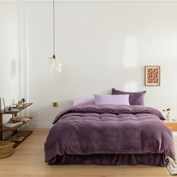 91家纺网 家纺一手货源 找家纺 棉眠 2020新款秋冬纯色牛奶绒四件套 深紫+浅紫