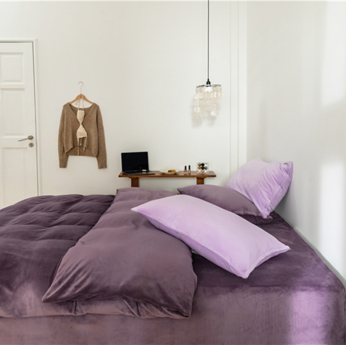 91家纺网 家纺一手货源 找家纺 棉眠 2020新款秋冬纯色牛奶绒四件套 深紫+浅紫