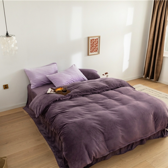 91家纺网 家纺一手货源 找家纺 棉眠 2020新款秋冬纯色牛奶绒四件套 深紫+浅紫