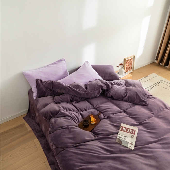 91家纺网 家纺一手货源 找家纺 棉眠 2020新款秋冬纯色牛奶绒四件套 深紫+浅紫