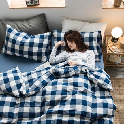 91家纺网 家纺一手货源 找家纺 尚品本色 2022新款水洗棉套件系列-单被套 蓝中格