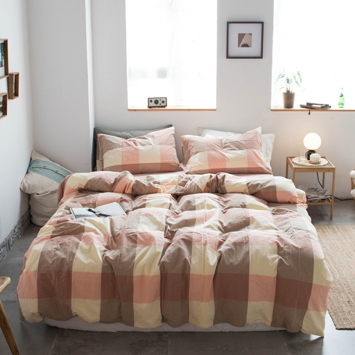 91家纺网 家纺一手货源 找家纺 尚品本色 2022新款水洗棉套件系列-单被套 粉灰大格