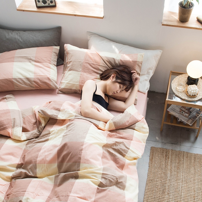 91家纺网 家纺一手货源 找家纺 尚品本色 2022新款水洗棉套件系列-单被套 粉灰大格