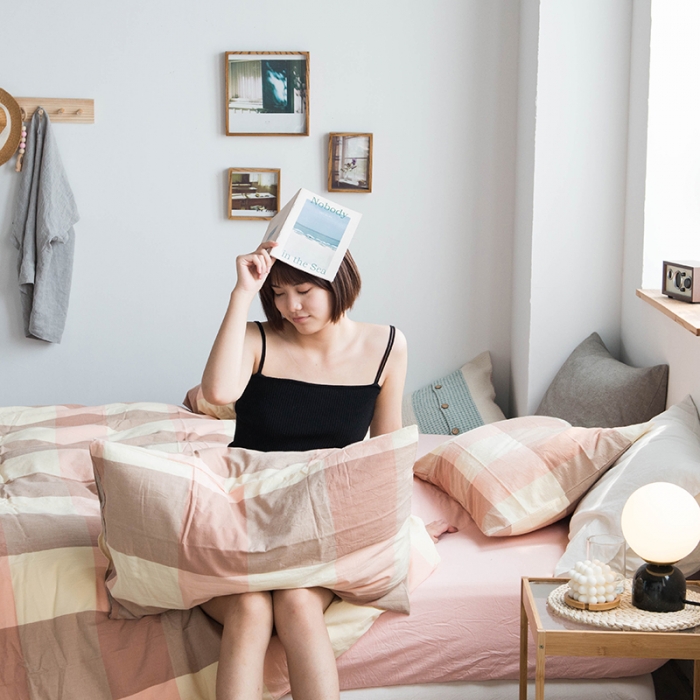 91家纺网 家纺一手货源 找家纺 尚品本色 2022新款水洗棉套件系列-单被套 粉灰大格