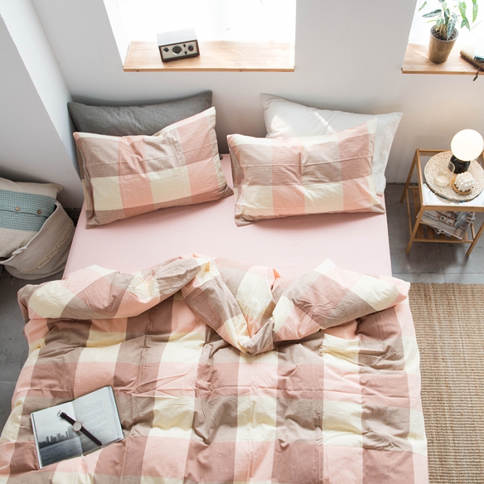 91家纺网 家纺一手货源 找家纺 尚品本色 2022新款水洗棉套件系列-单被套 粉灰大格