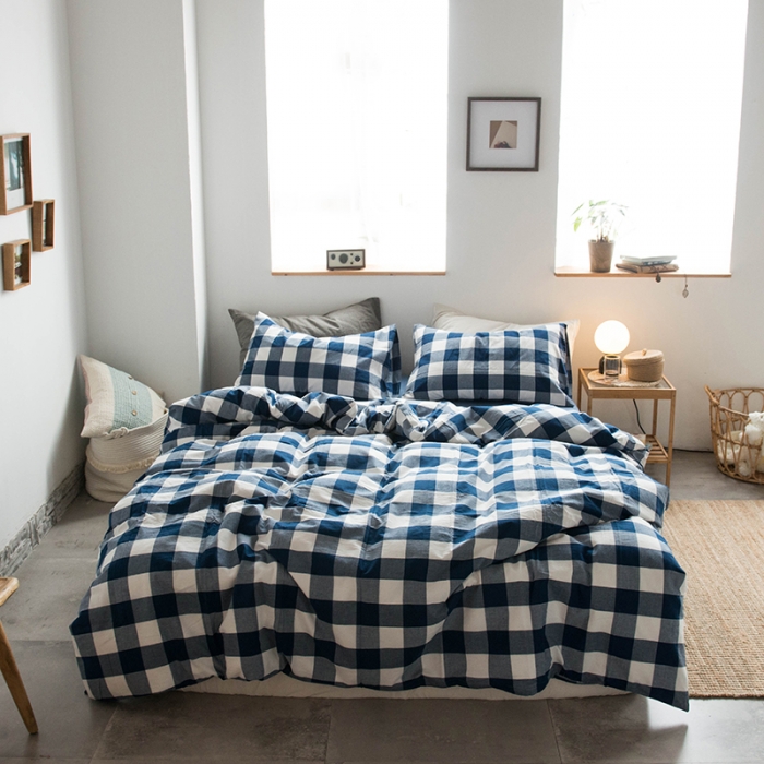 91家纺网 家纺一手货源 找家纺 尚品本色 2022新款水洗棉套件系列-单被套 蓝中格