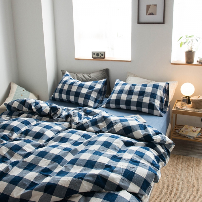 91家纺网 家纺一手货源 找家纺 尚品本色 2022新款水洗棉套件系列-单被套 蓝中格
