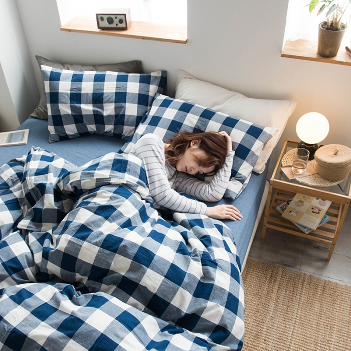 91家纺网 家纺一手货源 找家纺 尚品本色 2022新款水洗棉套件系列-单被套 蓝中格