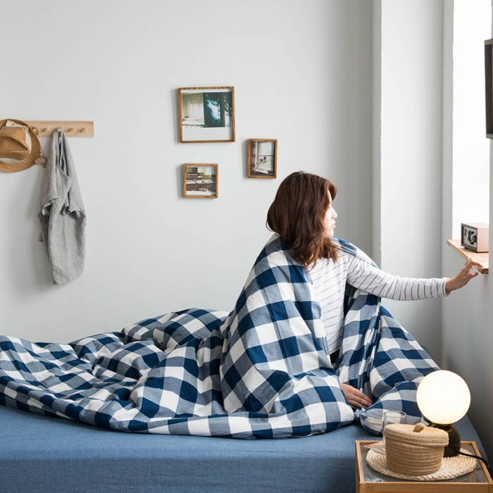 91家纺网 家纺一手货源 找家纺 尚品本色 2022新款水洗棉套件系列-单被套 蓝中格