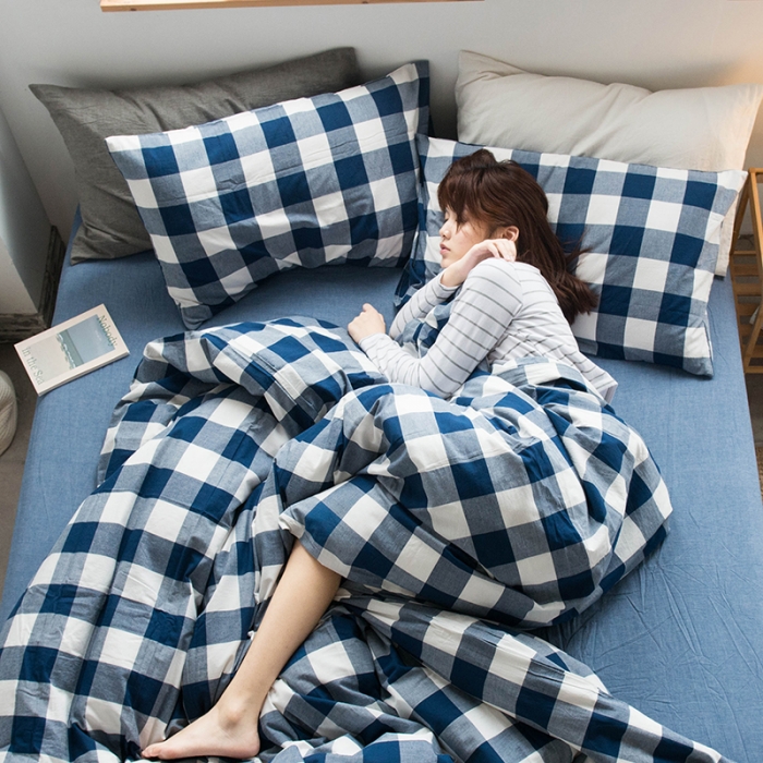 91家纺网 家纺一手货源 找家纺 尚品本色 2022新款水洗棉套件系列-单被套 蓝中格