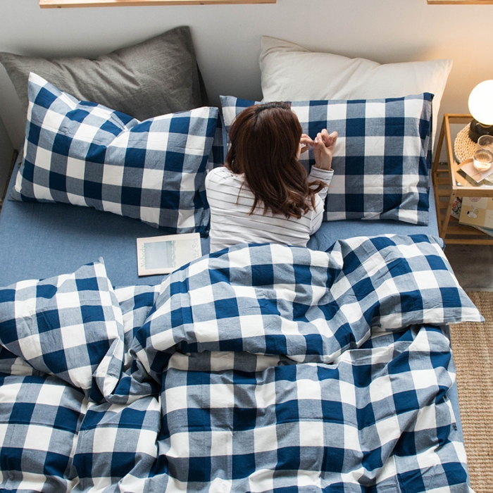 91家纺网 家纺一手货源 找家纺 尚品本色 2022新款水洗棉套件系列-单被套 蓝中格