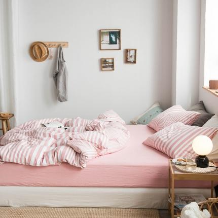 91家纺网 家纺一手货源 找家纺 尚品本色 2022新款水洗棉套件系列-单床笠 渐变粉白条