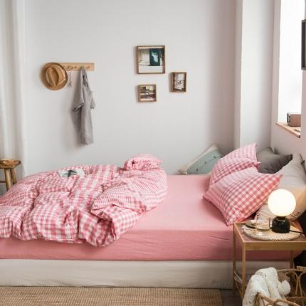 91家纺网 家纺一手货源 找家纺 尚品本色 2022新款水洗棉套件系列-单床笠 渐变粉格