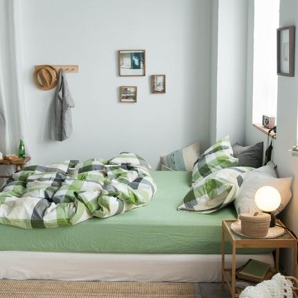 91家纺网 家纺一手货源 找家纺 尚品本色 2022新款水洗棉套件系列-单床笠 兰陵绿格