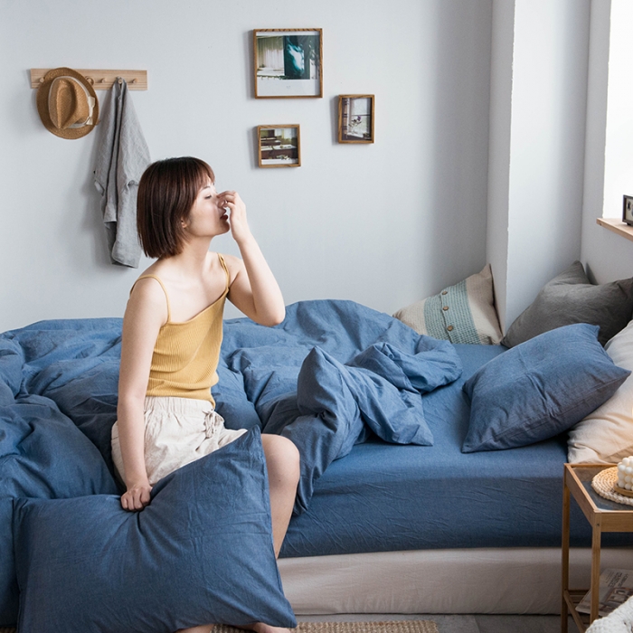 91家纺网 家纺一手货源 找家纺 尚品本色 2022新款水洗棉套件系列-单床笠 纯色牛仔蓝