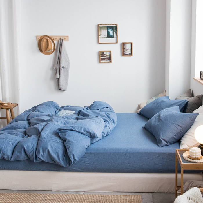 91家纺网 家纺一手货源 找家纺 尚品本色 2022新款水洗棉套件系列-单床笠 纯色牛仔蓝