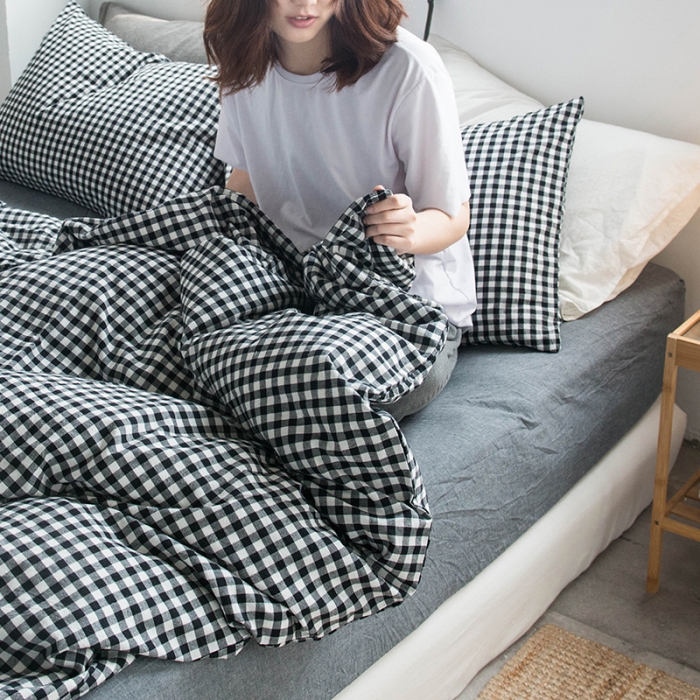 91家纺网 家纺一手货源 找家纺 尚品本色 2022新款水洗棉套件系列-单床笠 黑白小格