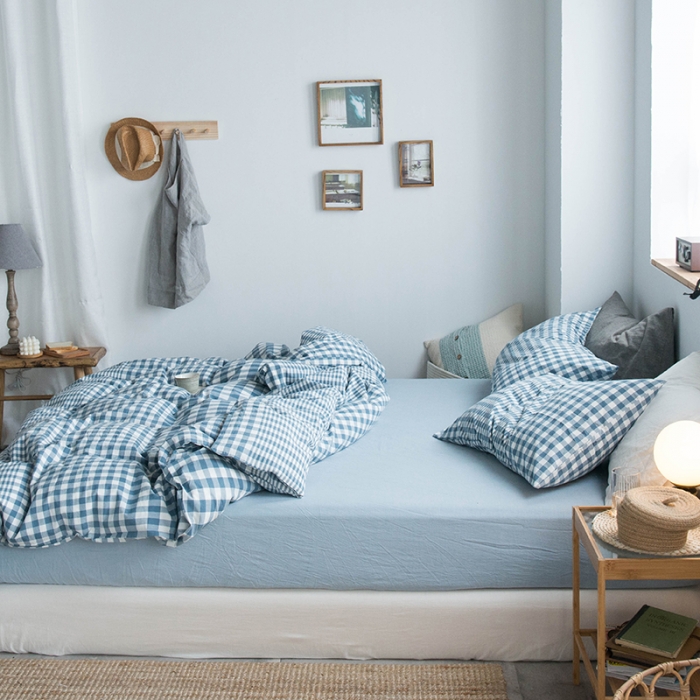 91家纺网 家纺一手货源 找家纺 尚品本色 2022新款水洗棉套件系列-单床笠 渐变浅蓝格