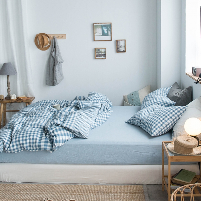 91家纺网 家纺一手货源 找家纺 尚品本色 2022新款水洗棉套件系列-单床笠 渐变浅蓝格