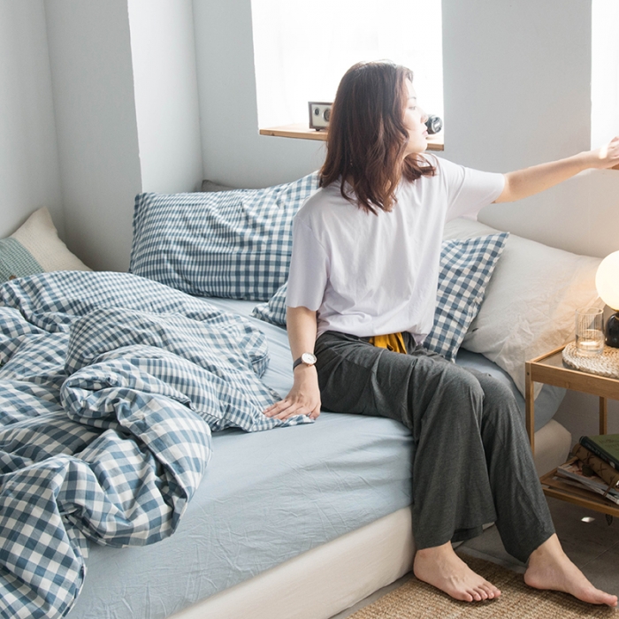 91家纺网 家纺一手货源 找家纺 尚品本色 2022新款水洗棉套件系列-单床笠 渐变浅蓝格