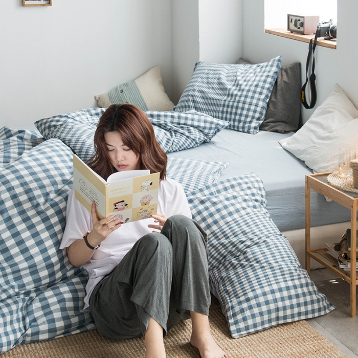 91家纺网 家纺一手货源 找家纺 尚品本色 2022新款水洗棉套件系列-单床笠 渐变浅蓝格