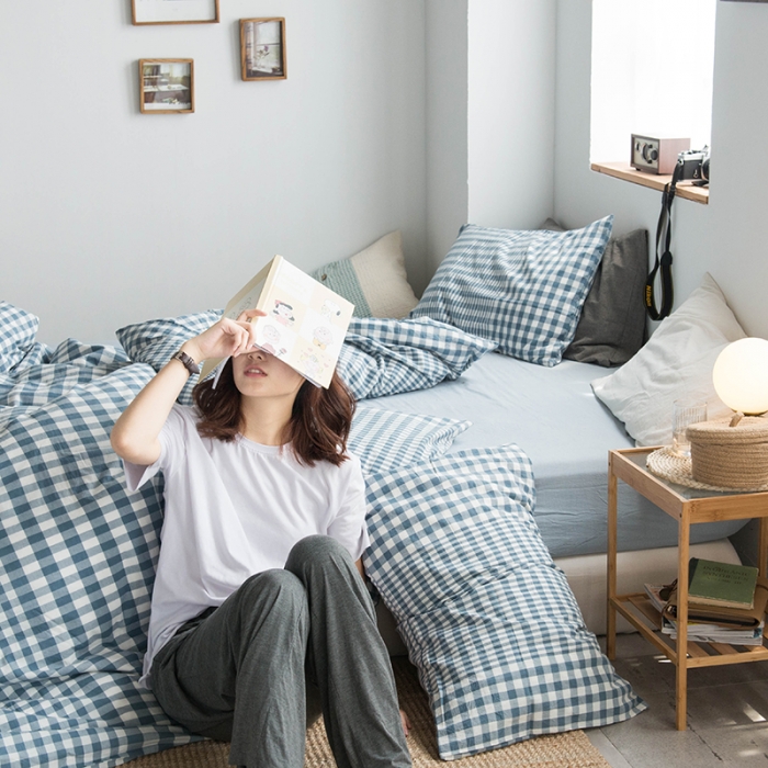 91家纺网 家纺一手货源 找家纺 尚品本色 2022新款水洗棉套件系列-单床笠 渐变浅蓝格