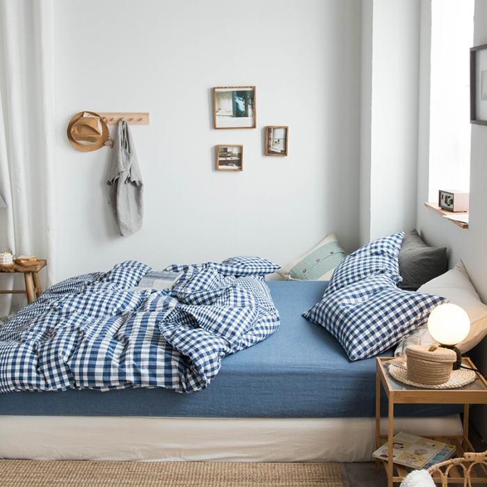 91家纺网 家纺一手货源 找家纺 尚品本色 2022新款水洗棉套件系列-单床笠 渐变深蓝格