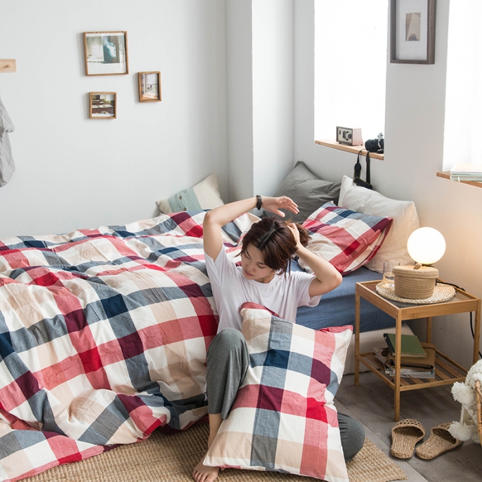 91家纺网 家纺一手货源 找家纺 尚品本色 2022新款水洗棉套件系列-单床笠 兰陵红格