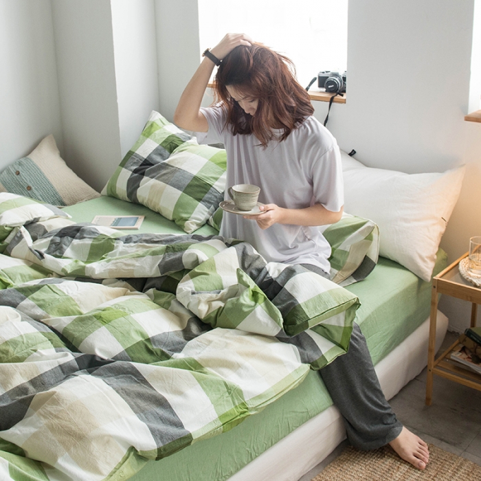 91家纺网 家纺一手货源 找家纺 尚品本色 2022新款水洗棉套件系列-单床笠 兰陵绿格