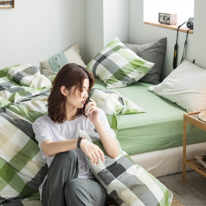 91家纺网 家纺一手货源 找家纺 尚品本色 2022新款水洗棉套件系列-单床笠 兰陵绿格