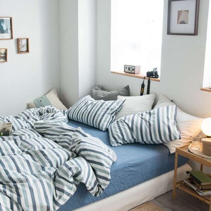 91家纺网 家纺一手货源 找家纺 尚品本色 2022新款水洗棉套件系列-单床笠 蓝白条纹