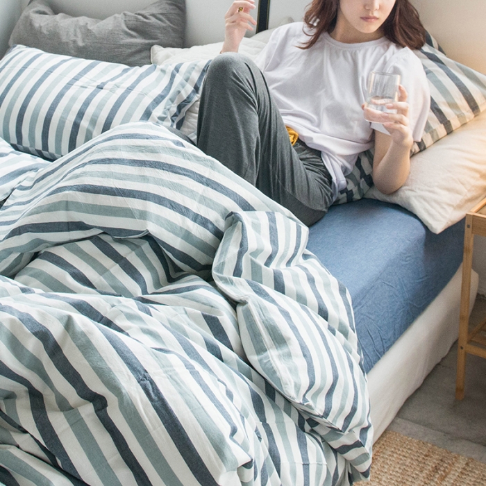 91家纺网 家纺一手货源 找家纺 尚品本色 2022新款水洗棉套件系列-单床笠 蓝白条纹