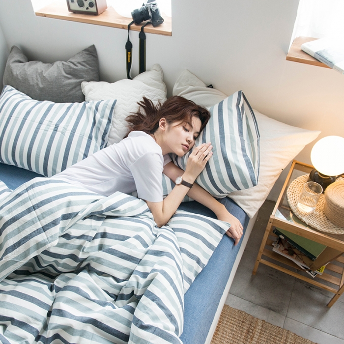 91家纺网 家纺一手货源 找家纺 尚品本色 2022新款水洗棉套件系列-单床笠 蓝白条纹