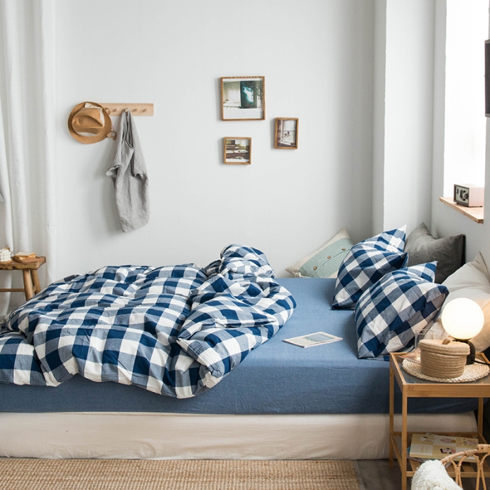 91家纺网 家纺一手货源 找家纺 尚品本色 2022新款水洗棉套件系列-单床笠 蓝中格