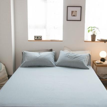 91家纺网 家纺一手货源 找家纺 尚品本色 2022新款水洗棉套件系列-单床单 浅蓝小格
