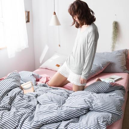 91家纺网 家纺一手货源 找家纺 尚品本色 2022新款针织棉套件系列-单品被套 蓝粉条纹