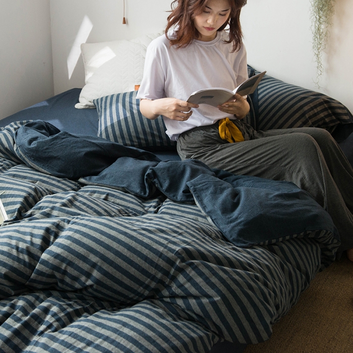 91家纺网 家纺一手货源 找家纺 尚品本色 2022新款针织棉套件系列-单品被套 海军蓝中条