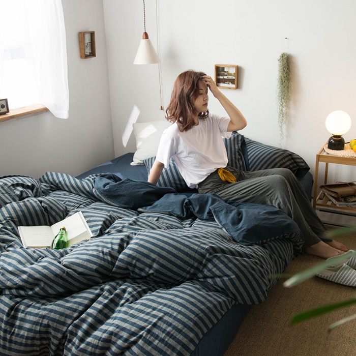 91家纺网 家纺一手货源 找家纺 尚品本色 2022新款针织棉套件系列-单品被套 海军蓝中条