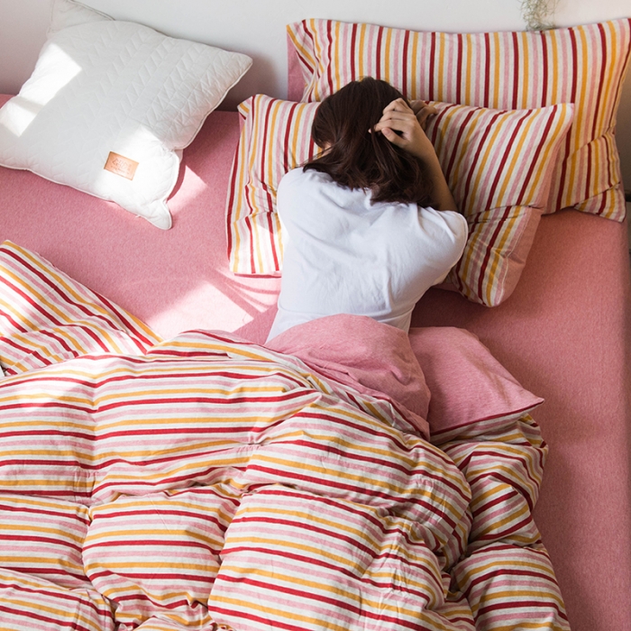 91家纺网 家纺一手货源 找家纺 尚品本色 2022新款针织棉套件系列-单床单 粉彩条