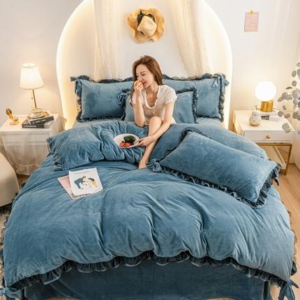 91家纺网 家纺一手货源 找家纺 七七法莱绒牛奶绒宝宝绒花边蝴蝶结水晶绒四件套安娜系列湖蓝