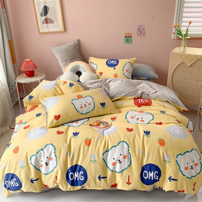 91家纺网 家纺一手货源 找家纺 澳萝拉 2020新款棉加绒印花四件套 千禧熊-黄