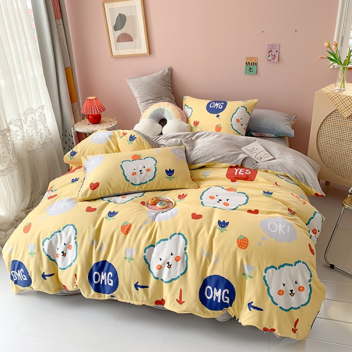 91家纺网 家纺一手货源 找家纺 澳萝拉 2020新款棉加绒印花四件套 千禧熊-黄