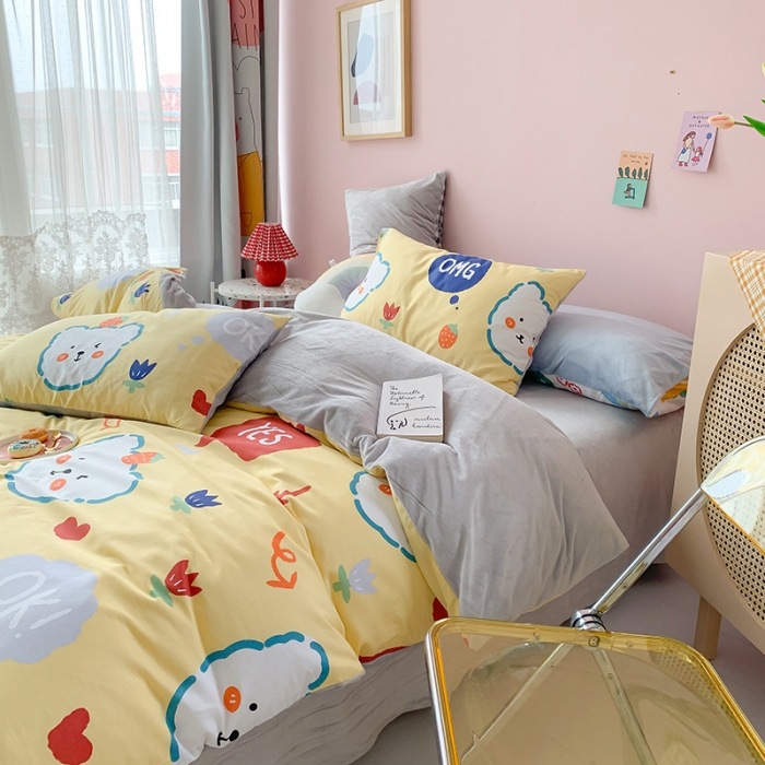 91家纺网 家纺一手货源 找家纺 澳萝拉 2020新款棉加绒印花四件套 千禧熊-黄