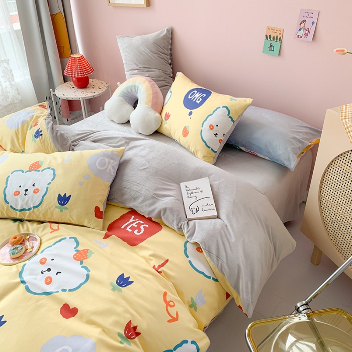 91家纺网 家纺一手货源 找家纺 澳萝拉 2020新款棉加绒印花四件套 千禧熊-黄